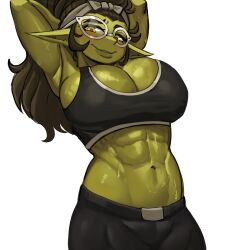 Rule 34 | 1girl, armpits, black shorts, blush, breasts, cleavage, ezzydraws, female goblin, glasses, goblin, green hair, highres, large breasts, long hair, looking down, muscular, muscular female, original, pointy ears, shorts, solo, sweat, tank top, toned, white background, yellow eyes