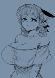 Rule 34 | 1girl, animal ears, bare shoulders, blush, braid, breasts, cat ears, cleavage, closed mouth, ears down, kaenbyou rin, large breasts, looking at viewer, mizuga, monochrome, nervous, off-shoulder shirt, off shoulder, pointy ears, shirt, simple background, solo, touhou, twin braids, upper body, wavy mouth