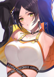 Rule 34 | 1girl, armpits, arms up, black hair, breasts, choker, collarbone, commentary request, crop top, dog tags, glint, has bad revision, has downscaled revision, hayami kanade, highres, idolmaster, idolmaster cinderella girls, jacket, jewelry, large breasts, long sleeves, looking at viewer, mairo, md5 mismatch, midriff, necklace, open clothes, open jacket, parted bangs, parted lips, resolution mismatch, shirt, short hair, sidelocks, signature, simple background, sleeveless, sleeveless shirt, solo, source smaller, upper body, white background, white shirt, yellow eyes