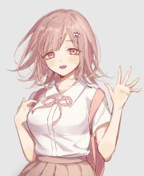 Rule 34 | 1girl, :d, backpack, bag, blush, breasts, brown hair, brown skirt, collared shirt, commentary request, danganronpa (series), danganronpa 2: goodbye despair, flipped hair, grey background, hair ornament, hairclip, hands up, highres, holding strap, io (sinking=carousel), light brown hair, looking at viewer, medium breasts, medium hair, nanami chiaki, neck ribbon, open mouth, pink eyes, pink ribbon, pleated skirt, ribbon, shirt, shirt tucked in, short sleeves, simple background, skirt, smile, solo, upper body, white shirt