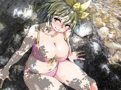 Rule 34 | 1girl, bare shoulders, bikini, blonde hair, blush, breasts, cleavage, collarbone, floral print, flower, flower on head, izuna nie, large breasts, looking to the side, moss, nature, navel, open mouth, pink bikini, plump, riverbank, rock, shade, sitting, solo, stream, sunlight, swimsuit, thick thighs, thighs, tongue, toramaru shou, touhou, wet, wide hips, yellow eyes