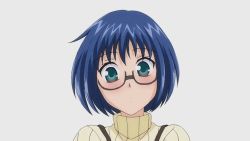 Rule 34 | ..., 1girl, animated, animated gif, blue hair, blush, bob cut, bust to bust, female focus, glasses, green eyes, looking at viewer, short hair, simple background, solo