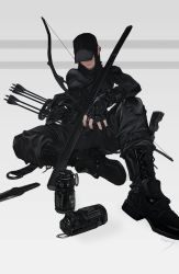 Rule 34 | 1girl, absurdres, arrow (projectile), belt, black footwear, black gloves, black hair, black nails, black suit, boots, bow (weapon), breast strap, breasts, commentary, ear piercing, english commentary, explosive, fingerless gloves, formal, full body, gloves, grenade, grey background, hat, hat over eyes, highres, katana, knife, large breasts, morry, nail polish, original, pants, piercing, sheath, sheathed, simple background, sitting, solo, suit, sweater, sword, turtleneck, turtleneck sweater, weapon, weapon on back