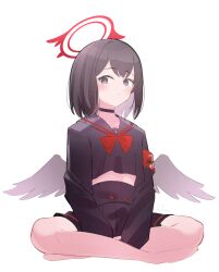 Rule 34 | 1girl, armband, black hair, black sailor collar, black serafuku, black shirt, black skirt, black wings, blue archive, blush, closed mouth, commentary, feathered wings, halo, highres, light frown, mashiro (blue archive), pleated skirt, profile, purple eyes, red armband, sailor collar, school uniform, serafuku, shirt, short hair, sitting, skirt, solo, tatara (alnath may), winged halo, wings