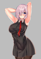 Rule 34 | 1girl, absurdres, armpits, arms behind head, arms up, bare shoulders, black dress, black pantyhose, blush, breasts, covered navel, dress, fate/grand order, fate (series), grey background, hair over one eye, highres, large breasts, light purple hair, looking at viewer, lumu yuanxiang, mash kyrielight, necktie, pantyhose, parted lips, purple eyes, red necktie, short hair, simple background, solo, thighs