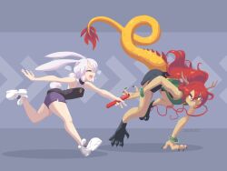 Rule 34 | 2girls, animal ears, artist name, bangle, bare arms, black shirt, black shorts, bracelet, carrot print, chinese zodiac, clawed feet, claws, closed eyes, commentary, dragon horns, dragon tail, english commentary, fang, food print, full body, green shirt, halter shirt, halterneck, highres, holding baton, horns, jewelry, john su, light smile, long hair, looking back, multiple girls, open mouth, orange eyes, original, outstretched arm, puff of air, purple shorts, rabbit ears, rabbit tail, red hair, relay baton, running, shirt, shoes, short ponytail, shorts, sleeveless, sleeveless shirt, slit pupils, sneakers, tail, v-shaped eyebrows, white hair, white sneakers, year of the dragon, year of the rabbit