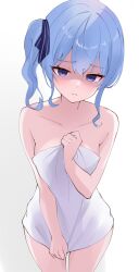 Rule 34 | 1girl, bare shoulders, blue eyes, blue hair, blush, closed mouth, collarbone, empty eyes, fawny, foreshortening, hair between eyes, highres, hololive, hoshimachi suisei, looking at viewer, naked towel, shaded face, side ponytail, sidelocks, simple background, solo, towel, virtual youtuber, white background, white towel