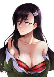 Rule 34 | 1girl, absurdres, asymmetrical bangs, black hair, black ribbon, blue eyes, bra, breasts, burn the witch, cleavage, closed mouth, clothes down, collarbone, floating hair, frilled bra, frills, green jacket, hair between eyes, hair ornament, highres, jacket, large breasts, long hair, niihashi noel, open clothes, open shirt, red bra, ribbon, shirt, simple background, solo, underwear, upper body, watermark, wet, wet hair, white background, white shirt