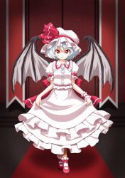 Rule 34 | 1girl, bat wings, blouse, bobby socks, curtsey, dress, female focus, hat, hat ribbon, highres, lace, light purple hair, mary janes, red eyes, remilia scarlet, ribbon, shirt, shoes, short hair, smile, socks, solo, t2r, touhou, wings, wrist cuffs