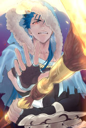 Rule 34 | 1boy, angry, bad id, bad pixiv id, blue hair, capelet, closed mouth, cu chulainn (caster) (fate), cu chulainn (fate), cu chulainn (fate/stay night), earrings, fangs, fate/stay night, fate (series), fire, fur-trimmed hood, fur trim, highres, holding, holding staff, hood, hood up, hooded capelet, jewelry, long hair, looking at viewer, male focus, outstretched hand, red eyes, solo, spiked hair, staff, type-moon, vambraces, wooden staff, zunda (stnt ubw)