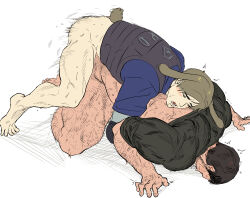 Rule 34 | 123456dyom, 2boys, absurdres, anal, animal ears, ass, bara, black hair, black shirt, blue shirt, blush, bottomless, brown hair, bulletproof vest, chris redfield, closed eyes, facial hair, highres, leon s. kennedy, male focus, male penetrated, multiple boys, muscular, muscular male, naked shirt, open mouth, resident evil, resident evil 6, sex, sex from behind, shirt, short hair, simple background, tail, thick thighs, thighs, white background, yaoi