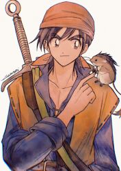Rule 34 | 1boy, animal, animal on shoulder, bandana, belt, belt buckle, blue shirt, brown eyes, brown hair, buckle, closed mouth, coat, collarbone, commentary request, dragon quest, dragon quest viii, hero (dq8), highres, long sleeves, looking at another, male focus, mouse (animal), mouyi, munchie (dq8), open clothes, open coat, popped collar, red bandana, red headwear, shirt, short hair, signature, simple background, smile, smug, sword, upper body, weapon, weapon on back, yellow coat