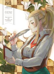 1girl blonde_hair brown_background buttons checkered_background closed_mouth collared_shirt commentary_request fire_emblem fire_emblem_engage flower high_ponytail holding holding_notebook holding_quill jade_(fire_emblem) momongame_17 necktie nintendo notebook plant quill red_necktie shirt solo standing suspenders white_flower white_shirt yellow_eyes