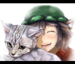 Rule 34 | 1girl, animal ears, bad id, bad pixiv id, brown hair, cat, cat ears, chen, closed eyes, fang, female focus, hat, letterboxed, open mouth, oriennto, portrait, realistic, short hair, smile, solo, teeth, touhou