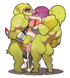 Rule 34 | 00s, 1girl, 2boys, anal, ass, bodysuit, breasts, censored, chibi, cum, cum in pussy, double penetration, hug, kometsubu, large breasts, monster, mosaic censoring, multiple boys, multiple penetration, oboro (taimanin asagi), orc, penis, sex, simple background, standing double penetration, sweat, taimanin (series), taimanin asagi, taimanin asagi kessen arena, vaginal, weapon, white background