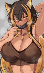 Rule 34 | 1girl, animal ears, armpits, arms up, biro-budou, blonde hair, breasts, brown hair, cat ears, cat girl, cleavage, collarbone, dark skin, heart, heart-shaped pupils, highres, indie virtual youtuber, jewelry, large breasts, mask, mouth mask, multicolored hair, necklace, nekoyo chloe, solo, steaming body, sweat, symbol-shaped pupils, tank top, tongue, tongue out, virtual youtuber, yellow eyes