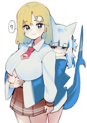 Rule 34 | 2girls, ?, blonde hair, blue eyes, blue hair, blunt bangs, breasts, closed mouth, collared shirt, dismassd, fins, fish tail, gawr gura, grey hair, hair ornament, highres, hololive, hololive english, hug, hug from behind, large breasts, long hair, long sleeves, multicolored hair, multiple girls, necktie, red necktie, shark tail, shirt, simple background, skirt, smile, speech bubble, spoken question mark, streaked hair, tail, virtual youtuber, watson amelia, wavy mouth, white background, wide sleeves, yuri