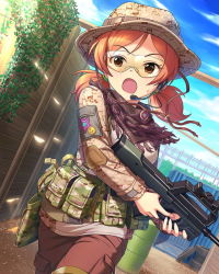 Rule 34 | 10s, 1girl, alternate costume, artist request, brown eyes, brown hair, bullpup, glasses, gun, hat, headset, idolmaster, idolmaster cinderella girls, komatsu ibuki, low twintails, military operator, official art, open mouth, p90, pants, personal defense weapon, scarf, solo, submachine gun, twintails, weapon