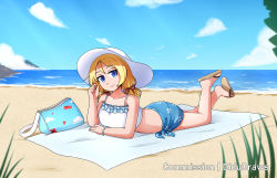 Rule 34 | 100 percent orange juice, 1girl, artist request, bag, beach, beach towel, bikini, blonde hair, blue bikini, blue eyes, blue sarong, bracelet, breasts, closed mouth, collarbone, fernet (orange juice), flying red barrel, frilled bikini, frills, hair ribbon, hat, highres, jewelry, legs up, looking at viewer, lying, medium hair, multicolored bikini, multicolored clothes, on stomach, ribbon, sandals, sarong, small breasts, smile, solo, swimsuit, towel, white hat