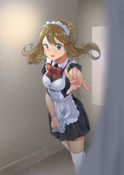 Rule 34 | 1girl, alternate costume, apron, apron tug, black shirt, black skirt, blue eyes, blurry, blurry foreground, bow, bowtie, brown hair, creatures (company), embarrassed, enmaided, floating hair, frilled apron, frills, game freak, highres, jyu gorilla, long hair, looking at viewer, maid, maid headdress, may (pokemon), miniskirt, nintendo, open mouth, outstretched arms, pleated skirt, pokemon, pokemon rse, red bow, red bowtie, shirt, short sleeves, skirt, solo, standing, textless version, thighhighs, twintails, white apron, white thighhighs, wing collar, zettai ryouiki
