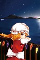 Rule 34 | 1girl, against railing, blonde hair, female focus, flandre scarlet, hat, highres, hiiragi mitsuna, mob cap, one side up, ponytail, railing, red eyes, short hair, side ponytail, sky, solo, star (sky), starry sky, touhou, white hat, wings