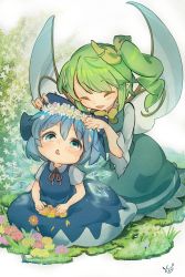 Rule 34 | 2girls, ^ ^, absurdres, ahoge, aqua dress, blue bow, blue dress, blue eyes, blue hair, blush, bow, bowtie, chibi, cirno, closed eyes, closed mouth, collared shirt, commentary request, daiyousei, diamond mouth, dress, fairy wings, flower, flower wreath, full body, grass, green bow, green hair, hair between eyes, hair bow, hands on another&#039;s head, hands on lap, hands on own legs, happy, head wreath, highres, htk mikan, ice, ice wings, long sleeves, looking up, meadow, messy hair, multiple girls, neck ribbon, open mouth, orange flower, petals, pinafore dress, purple flower, red flower, red ribbon, ribbon, shirt, short hair, short sleeves, side ponytail, sidelocks, signature, sitting, skirt basket, sleeveless dress, swept bangs, touhou, white background, white flower, white shirt, wide sleeves, wing collar, wings, wreath, yellow bow, yellow flower, yellow neckwear