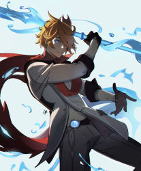 Rule 34 | 1boy, absurdres, blonde hair, blue eyes, diluc (genshin impact), distr, genshin impact, gloves, grey gloves, grey jacket, grey pants, hair over one eye, highres, holding, holding weapon, jacket, looking at viewer, male focus, one eye covered, pants, red scarf, scarf, short hair, signature, smile, solo, weapon