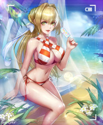 Rule 34 | 1girl, artist name, beach, bikini, blonde hair, blue sky, breasts, cloud, day, fate/grand order, fate (series), flower, fogriver, food, green eyes, halterneck, large breasts, lips, long hair, looking at viewer, nail polish, navel, nero claudius (fate), nero claudius (fate) (all), nero claudius (swimsuit caster) (fate), nero claudius (swimsuit caster) (third ascension) (fate), ocean, ponytail, popsicle, side-tie bikini bottom, sitting, sky, solo, striped bikini, striped clothes, swimsuit