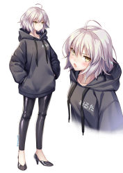 Rule 34 | 1girl, ahoge, alternate costume, black pants, black sweater, casual, collarbone, commentary request, contemporary, fate/grand order, fate (series), hands in pockets, high heels, hood, hooded sweater, jeanne d&#039;arc (fate), jeanne d&#039;arc alter (avenger) (fate), jeanne d&#039;arc alter (fate), looking at viewer, looking away, multiple views, ne-on, pants, short hair, silver hair, simple background, sweater, translation request, twitter username, white background, yellow eyes, zoom layer