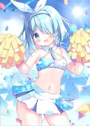 Rule 34 | 1girl, :d, arona (blue archive), azumi kazuki, bare shoulders, blue archive, blue eyes, blue hair, blue sky, blush, braid, breasts, cheerleader, cloud, commentary, confetti, day, hair over one eye, hair ribbon, hairband, halo, hands up, looking at viewer, millennium cheerleader outfit (blue archive), multicolored hair, navel, open mouth, outdoors, pink hair, pleated skirt, pom pom (cheerleading), ribbon, single braid, skirt, sky, small breasts, smile, solo, sun, two-tone hair, white hairband, white ribbon, white skirt