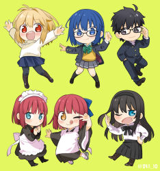 Rule 34 | 1boy, 5girls, ;q, absurdres, ahoge, antenna hair, apron, arcueid brunestud, arms up, black-framed eyewear, black bow, black dress, black eyes, black footwear, black hair, black hairband, black jacket, black kimono, black pants, black pantyhose, black socks, blonde hair, blue bow, blue eyes, blue hair, blue skirt, blush, boots, bow, bowtie, brown eyes, brown footwear, buttons, chibi, ciel (tsukihime), closed mouth, collared shirt, commentary request, dress, full body, glasses, green background, green bow, grey skirt, hair bow, hairband, hand in pocket, highres, hisui (tsukihime), jacket, japanese clothes, kimono, kohaku (tsukihime), long hair, long sleeves, looking at viewer, maid, maid apron, maid headdress, miniskirt, mixed maids, multiple girls, neck ribbon, one eye closed, open clothes, open jacket, open mouth, pants, pantyhose, pleated skirt, pocket, red eyes, red hair, red ribbon, ribbon, sakake asobi, school uniform, shirt, shoes, short hair, siblings, simple background, sisters, skirt, smile, socks, sweater, teeth, tohno akiha, tohno shiki, tongue, tongue out, tsukihime, tsukihime (remake), turtleneck, turtleneck sweater, twins, uniform, upper body, upper teeth only, v, vest, wa maid, white apron, white shirt, white sweater, wide sleeves, yellow vest
