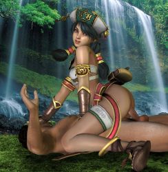 Rule 34 | 1boy, 1girl, 3d, ass, breasts, clothed female nude male, femdom, girl on top, green hair, hetero, highres, nude, penis, rape, sandals, sex, small breasts, smile, soul calibur, talim, uncensored, vaginal, water, waterfall