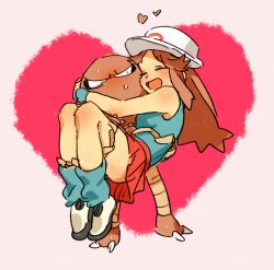 Rule 34 | &gt; &lt;, 1girl, :d, > <, blush, brown hair, carrying, commentary request, creatures (company), closed eyes, game freak, gen 1 pokemon, hat, heart, heart background, hitmonlee, leaf (pokemon), leg warmers, long hair, nintendo, oimo (14sainobba), open mouth, pokemon, pokemon (creature), princess carry, shoes, size difference, skirt, smile, sneakers, sweatdrop, xd