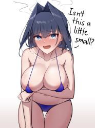 Rule 34 | 1girl, absurdres, arm under breasts, bare shoulders, bikini, blue bikini, blue eyes, blue hair, blush, breasts, collarbone, commentary, dotonburi, embarrassed, english commentary, english text, fang, full-face blush, hair intakes, highres, hololive, hololive english, large breasts, leaning forward, looking at viewer, micro bikini, navel, open mouth, ouro kronii, short hair, simple background, solo, spaghetti strap, stomach, strap gap, swimsuit, tears, thigh gap, virtual youtuber, white background