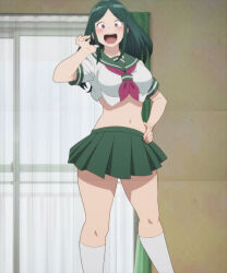 Rule 34 | 1girl, anime screenshot, blush, breasts, demon girl, green hair, green sailor collar, green skirt, hand on own hip, highres, large breasts, long hair, lv1 maou to one room yuusha, maou (lv1 maou to one room yuusha), navel, necktie, open mouth, pink eyes, pink necktie, pleated skirt, sailor collar, school uniform, screencap, shirt, sidelocks, skirt, socks, stitched, stomach, third-party edit, undersized clothes, white shirt, white socks