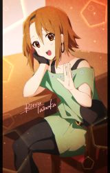Rule 34 | 1girl, atu, belt buckle, brown hair, buckle, chair, character name, dress, earrings, hairband, hand up, head rest, highres, hoop earrings, jewelry, k-on!, looking at viewer, open mouth, pantyhose, short hair, sitting, smile, solo, strapless, strapless dress, tainaka ritsu