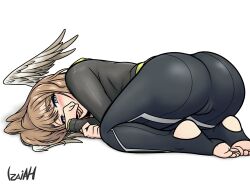 Rule 34 | 1girl, all fours, ass, ass focus, blue eyes, bodysuit, brown hair, cameltoe, eunie (xenoblade), from behind, head wings, highres, izaiah, jacket, long hair, looking at viewer, skin tight, solo, top-down bottom-up, wings, xenoblade chronicles (series), xenoblade chronicles 3