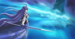 Rule 34 | 1girl, ahoge, armor, aselia bluespirit, blue hair, eien no aselia, eternity sword series, female focus, gauntlets, long hair, solo, sword, weapon