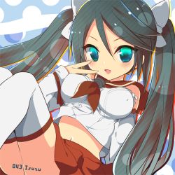 Rule 34 | 10s, 1girl, aqua eyes, bare shoulders, black hair, breasts, character name, commentary request, detached sleeves, eyebrows, isuzu (kancolle), kamiyoshi rika, kantai collection, large breasts, long hair, looking at viewer, navel, open mouth, pleated skirt, school uniform, serafuku, skirt, solo, twintails, white legwear
