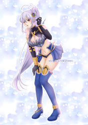 Rule 34 | 1girl, ange vierge, armor, bare shoulders, bikini armor, black gloves, blue footwear, boots, breasts, brown eyes, cleavage, elbow gloves, frown, full body, gloves, hair ornament, head wings, highres, kna illustrations, leaning forward, long hair, looking at viewer, medium breasts, navel, ponytail, simple background, solo, thigh boots, thighhighs, very long hair, white hair, white wings, wings
