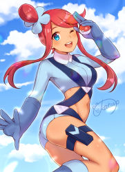 Rule 34 | 1girl, ;d, blue eyes, blue footwear, blue gloves, blue jacket, blue shorts, blush, boots, breasts, cloud, commentary request, creatures (company), cropped jacket, dark-skinned female, dark skin, day, eyelashes, game freak, gloves, hair ornament, hand up, highres, holding, holding poke ball, jacket, looking at viewer, midriff, navel, nintendo, nokataro, one eye closed, one side up, open mouth, outdoors, poke ball, poke ball (basic), pokemon, pokemon bw, pouch, red hair, short hair with long locks, short shorts, shorts, sidelocks, signature, sky, skyla (pokemon), smile, solo, teeth, thigh pouch, tongue, turtleneck, upper teeth only