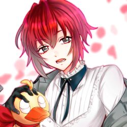 Rule 34 | 1boy, black coat, black gloves, brown eyes, clock over orquesta, coat, coat on shoulders, fuwa tokihito, gloves, highres, long sleeves, looking at viewer, male focus, official style, omizuyh, open mouth, red hair, rubber duck, rubber duck (clock over orquesta), shirt, short hair, solo, white background, white shirt