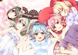Rule 34 | 5girls, ahoge, animal hood, bare arms, bare shoulders, bell, bird wings, blonde hair, blue bow, blue eyes, blue hair, bow, cat hood, cirno, closed mouth, commentary request, daiyousei, feathered wings, frills, green eyes, green hair, hair between eyes, hair bow, half-closed eyes, holding hands, heart, heart-shaped pillow, hood, hug, interlocked fingers, jingle bell, kuromame (8gou), long hair, looking at viewer, lying, multiple girls, mystia lorelei, on back, open mouth, pajamas, pillow, pink eyes, pink hair, polka dot, purple eyes, red bow, red eyes, rumia, shirt, smile, striped, t-shirt, team 9, teeth, touhou, upper body, upper teeth only, wings, wriggle nightbug, yellow bow