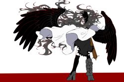 Rule 34 | 1girl, arm cannon, asymmetrical footwear, bird wings, black bow, black hair, black socks, black wings, bow, cape, closed mouth, commentary request, control rod, feathered wings, floating hair, frilled skirt, frills, from behind, full body, grey footwear, grey skirt, hair bow, high heels, highres, kakigoori (xm3lz), kneehighs, limited palette, long hair, looking afar, mismatched footwear, red background, red eyes, reiuji utsuho, shirt, shoes, single shoe, skirt, smile, socks, solo, standing, touhou, very long hair, weapon, white background, white cape, white shirt, wings