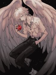 Rule 34 | 1boy, absurdres, angel wings, apple, collared shirt, expressionless, feathered wings, food, fruit, hand in pocket, highres, holding, holding food, holding fruit, looking at viewer, male focus, matsuko (mrimri3), monochrome, nagisa kaworu, neon genesis evangelion, red eyes, shirt, solo, spot color, wings