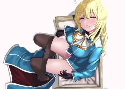 Rule 34 | 1girl, atago (kancolle), black gloves, blonde hair, blush, breasts, chair, closed eyes, clothes pull, from above, gloves, jouzaburou (joe3), kantai collection, large breasts, long hair, looking up, military, military uniform, open mouth, panties, pantyhose, pantyhose pull, pink panties, simple background, sitting, skirt, unworn skirt, solo, underwear, undressing, uniform, white background