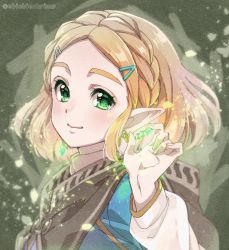 Rule 34 | 1girl, blonde hair, blush, braid, brown cape, cape, closed mouth, colored eyelashes, crown braid, green gemstone, forehead, gem, glowing, green eyes, hair ornament, hairclip, hand up, highres, holding, holding gem, hood, hood down, hooded cape, long sleeves, looking at viewer, nintendo, pointy ears, princess zelda, short hair, shuri (84k), sidelocks, smile, solo, the legend of zelda, the legend of zelda: breath of the wild, the legend of zelda: tears of the kingdom, thick eyebrows, twitter username, upper body