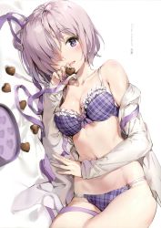 Rule 34 | 1girl, absurdres, alternate costume, anmi, bra, candy, chocolate, chocolate heart, fate/grand order, fate (series), food, hair over one eye, heart, highres, looking at viewer, lying, mash kyrielight, off shoulder, on side, panties, pink hair, plaid, plaid bra, plaid panties, purple bra, purple eyes, purple panties, ribbon, scan, short hair, solo, underwear