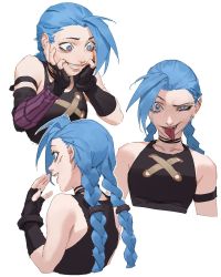 Rule 34 | 1girl, arcane: league of legends, arcane jinx, armband, blue hair, braid, grin, hands on own cheeks, hands on own face, heart, heart-shaped pupils, highres, jinx (league of legends), league of legends, long hair, looking at viewer, simple background, smile, symbol-shaped pupils, tongue, tongue out, twin braids, twintails, umber, white background, wide-eyed, yandere trance