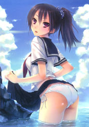 Rule 34 | 1girl, absurdres, arched back, ass, black hair, clothes lift, cloud, day, highres, katagiri hinata, lifting own clothes, lips, looking at viewer, looking back, panties, pleated skirt, polka dot, ponytail, rock, scan, school uniform, serafuku, side-tie panties, skirt, skirt lift, solo, underwear, upskirt, wading, water, wet, wet clothes, white panties